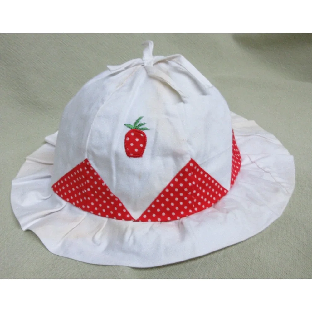 6-12 mo Vintage Strawberry Bucket Sun Hat w/ Pleated Rim & Bow